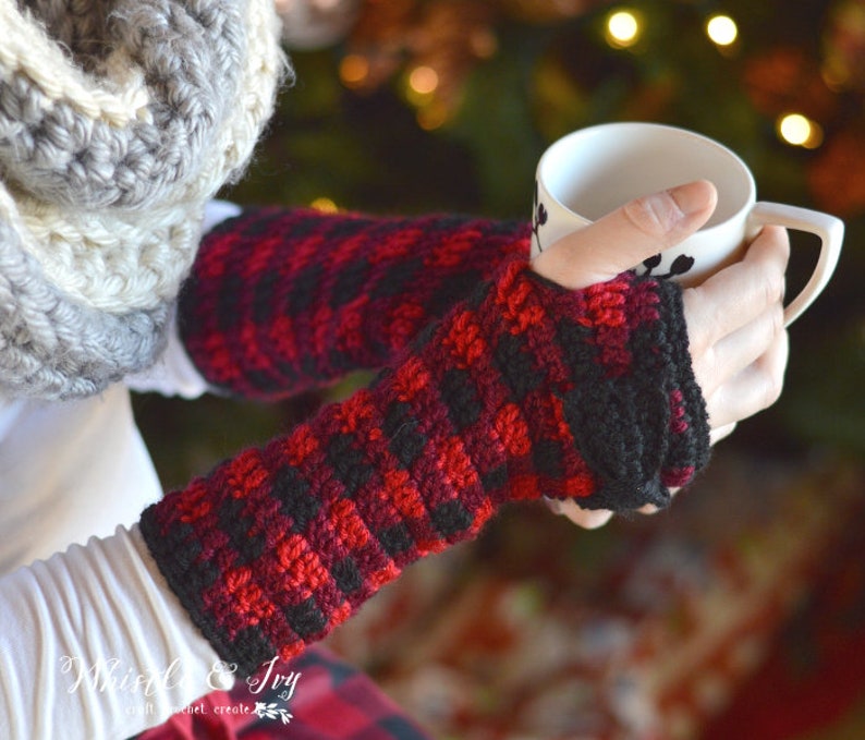 CROCHET PATTERN: Buffalo Plaid Arm Warmers Fingerless Gloves Pattern PDF Download image 1