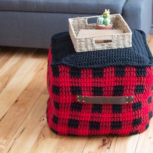 CROCHET PATTERN: Buffalo Plaid Floor Pouf Home Decor PDF Download image 1