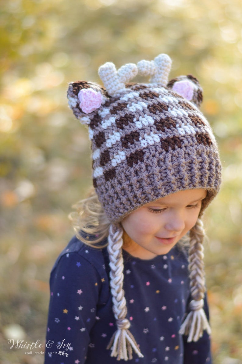 CROCHET PATTERN: Plaid Woodland Hats Deer, Fox, Bear and Raccoon Pdf DOWNLOAD image 3