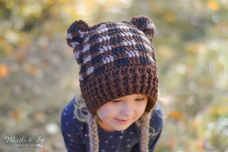 CROCHET PATTERN: Plaid Woodland Hats Deer, Fox, Bear and Raccoon Pdf DOWNLOAD image 1