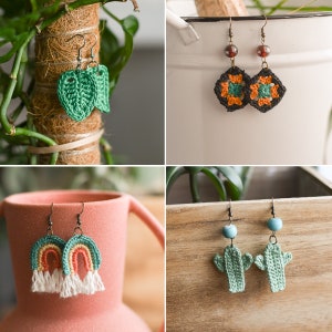 CROCHET PATTERN: Embroidery Floss Crochet Earrings -  Cactus - Rainbow - Leaf - Granny Square - PDF Instant Download