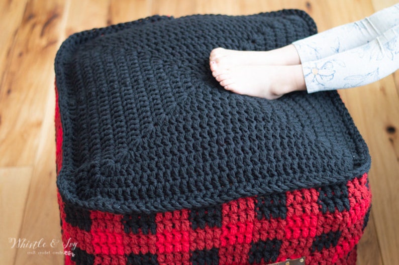 CROCHET PATTERN: Buffalo Plaid Floor Pouf Home Decor PDF Download image 2