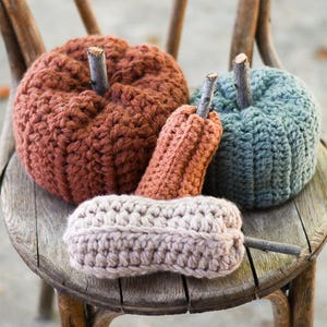 May include: Three crocheted pumpkins in different colors and sizes. The largest pumpkin is a deep orange color, the medium pumpkin is a light brown color, and the smallest pumpkin is a light blue color. All three pumpkins have a twig stem.