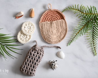 Crochet PATTERN: Eco Crochet Spa Set - Face Scrubbies, Soap Pouch, Bath Mitt - PDF DOWNLOAD