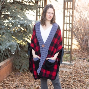 CROCHET PATTERN: Crochet Plaid Pocket Shawl Convertible Scarf Kimono Sweater  DOWNLOAD