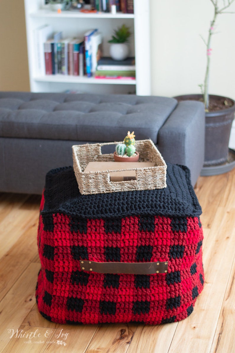 CROCHET PATTERN: Buffalo Plaid Floor Pouf Home Decor PDF Download image 3