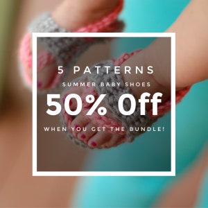 May include: A white square with a brown background and white text that reads "5 Patterns Summer Baby Shoes 50% off When You Get The Bundle!"
