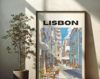 May include: Framed art print featuring a watercolor illustration of a Lisbon street scene. The artwork depicts a narrow street with buildings in shades of blue and white, with the word "LISBON" at the top.