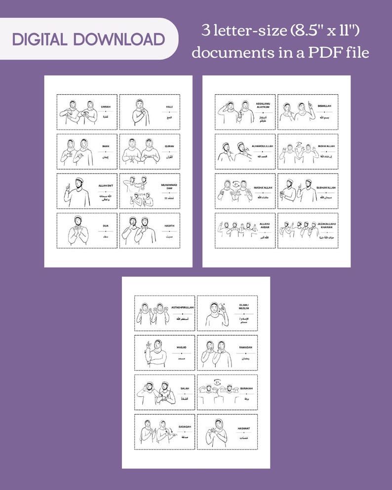 24 Islamic Sign Language Flashcards | English & Arabic Terms for Kids ...