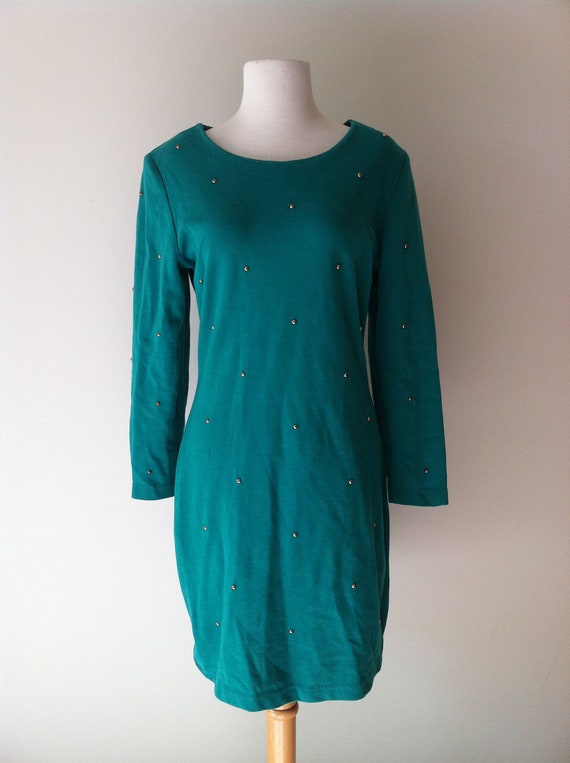 80s teal green knit shift studded dress