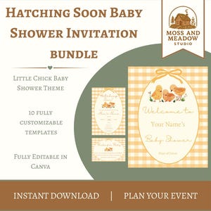 May include: A digital baby shower invitation bundle featuring a yellow gingham pattern and illustrations of three chicks. The text reads Hatching Soon Baby Shower Invitation Bundle, Welcome to Your Name's Baby Shower, and Moss and Meadow Studio.