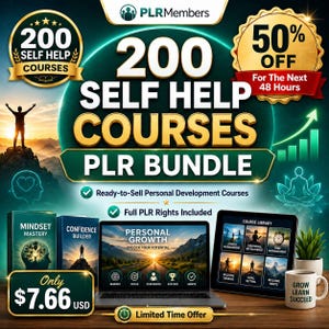 May include: Promotional image for a self-help course bundle. The image features the text "200 Self Help Courses PLR Bundle" with a 50% off promotion. Includes a laptop, tablet, books, and a mug with the text "Grow Learn Succeed".