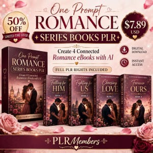 May include: An advertisement for a series of romance eBooks. The image shows book covers with couples, titles such as "Falling for Him" and "Forever Ours", and text including "One Prompt Romance" and "Series Books PLR".