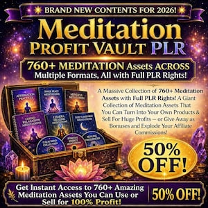 Könnte beinhalten: Werbebild für "Meditation PROFIT VAULT PLR" mit Text und Grafiken. Es zeigt eine Schatztruhe voller Bücher und CDs zum Thema Meditation mit einem 50 % Rabatt Banner. Das Bild enthält Text wie "760+ Meditation Assets" und "Get Instant Access".