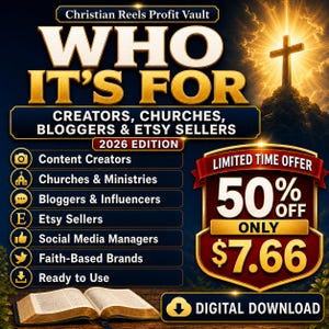 May include: A digital advertisement with the text "WHO IT'S FOR" in gold lettering. It lists "Creators, Churches, Bloggers & Etsy Sellers" and offers a 50% off "Limited Time Offer". The image includes a cross and an open book.