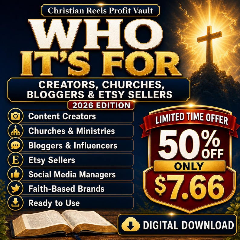 May include: A digital advertisement with the text "WHO IT'S FOR" in gold lettering. It lists "Creators, Churches, Bloggers & Etsy Sellers" and offers a 50% off "Limited Time Offer". The image includes a cross and an open book.