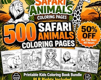 500 Safari Animals Coloring Pages, Kids Printable Bundle (JPG Files, PLR Rights)