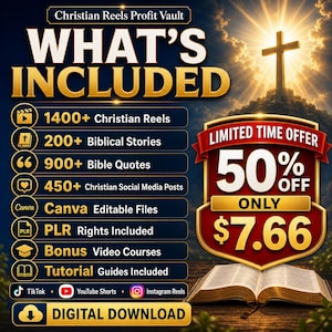 May include: A digital download advertisement with the text "WHAT'S INCLUDED" and a list of Christian-themed content, including reels, stories, quotes, and social media posts. A cross is visible in the background, with a "LIMITED TIME OFFER" for 50% off.