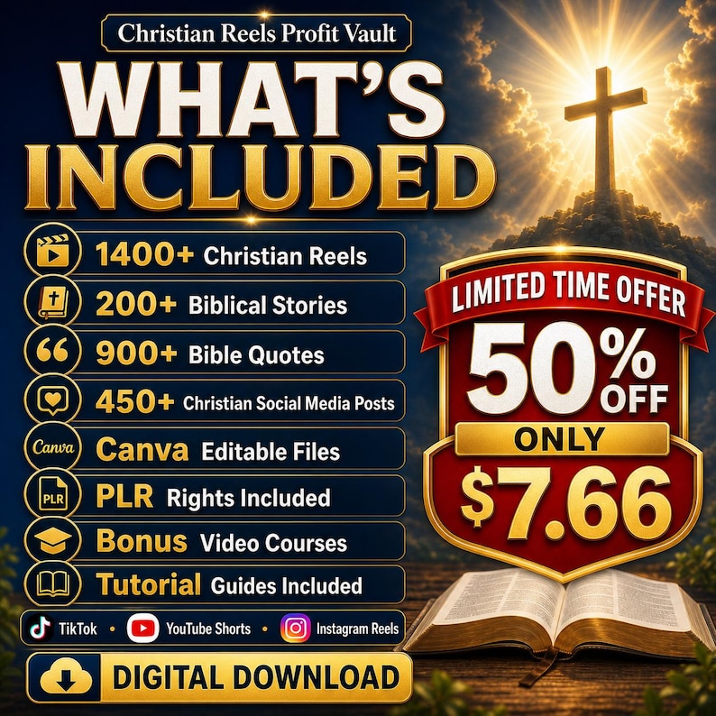 May include: A digital download advertisement with the text "WHAT'S INCLUDED" and a list of Christian-themed content, including reels, stories, quotes, and social media posts. A cross is visible in the background, with a "LIMITED TIME OFFER" for 50% off.