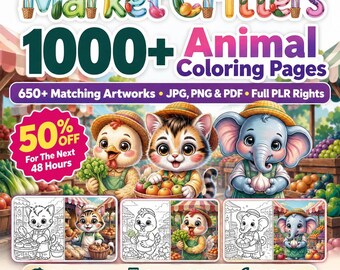 1000枚以上の子供向け動物ぬりえPLRバンドル、マーケットクリッターぬりえブックページ、KDPぬりえページ、Etsy印刷可能、商用利用可
