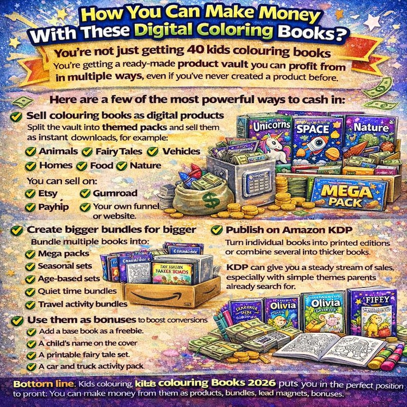 May include: An advertisement for digital coloring books, showcasing various themes like unicorns and nature. The image highlights ways to sell these books, including Etsy and Gumroad, and suggests bundling options for increased sales.
