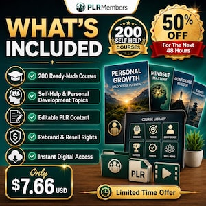May include: Promotional image for PLRMembers, featuring self-help courses. Includes "What's Included" list, "200 Self Help Courses" badge, and book covers for "Personal Growth", "Mindset Mastery", "Confidence Builder", and "Stress Management". Also shows a tablet with course library icons.