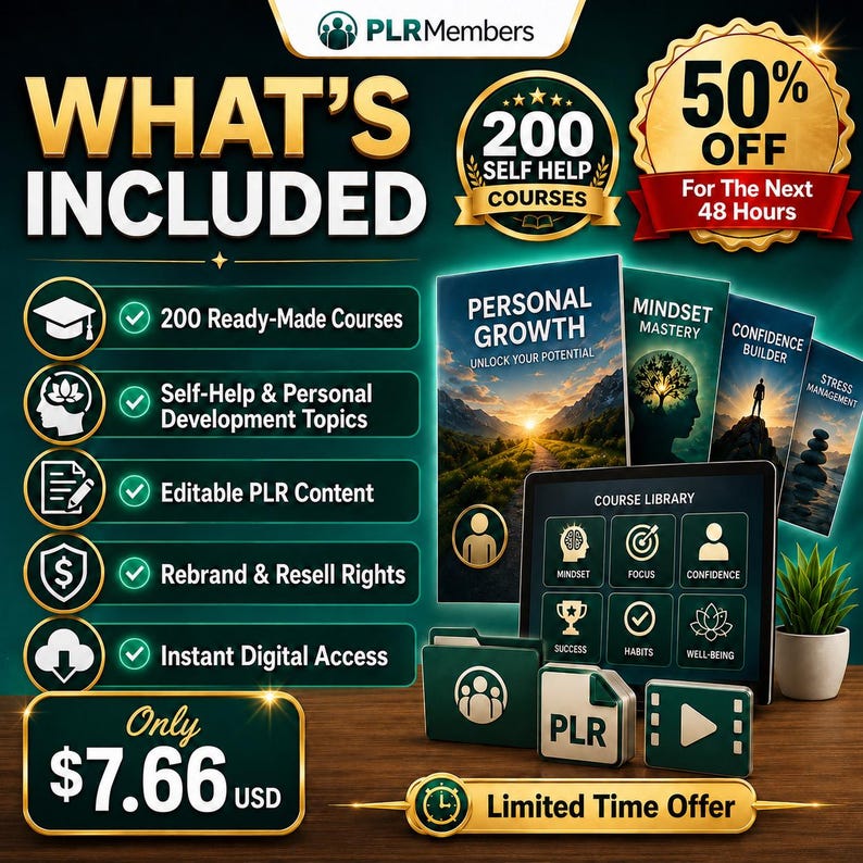 May include: Promotional image for PLRMembers, featuring self-help courses. Includes "What's Included" list, "200 Self Help Courses" badge, and book covers for "Personal Growth", "Mindset Mastery", "Confidence Builder", and "Stress Management". Also shows a tablet with course library icons.