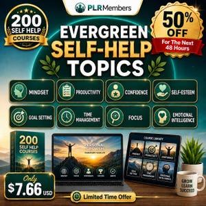 May include: An advertisement for self-help courses. The image features the text "Evergreen Self-Help Topics" and "200 Self Help Courses." It also includes a laptop, tablet, and a mug with the words "Grow, Learn, Succeed."