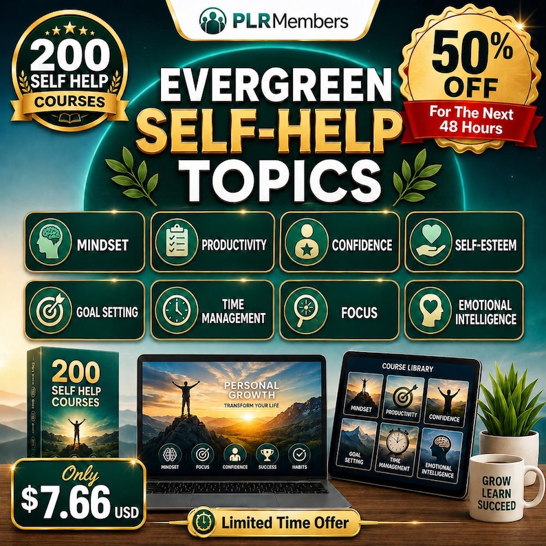 May include: An advertisement for self-help courses. The image features the text "Evergreen Self-Help Topics" and "200 Self Help Courses." It also includes a laptop, tablet, and a mug with the words "Grow, Learn, Succeed."