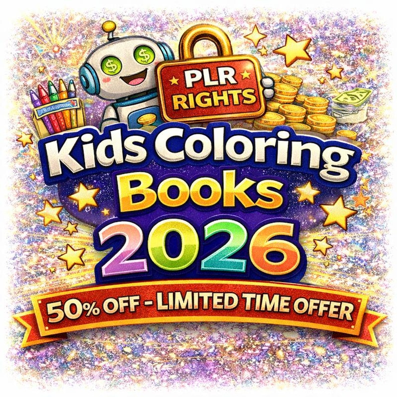 May include: A promotional graphic for "Kids Coloring Books 2026" with a robot, gold coins, and stars. The text includes "PLR RIGHTS" on a lock, and "50% OFF - LIMITED TIME OFFER" on a banner. A box of crayons is also visible.