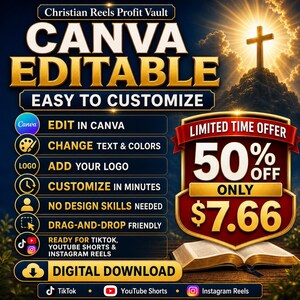 May include: A digital download advertisement with the text "CANVA EDITABLE" and "EASY TO CUSTOMIZE." Features include editing in Canva, changing text and colors, adding a logo, and customization. A "LIMITED TIME OFFER" is displayed with a 50% discount.