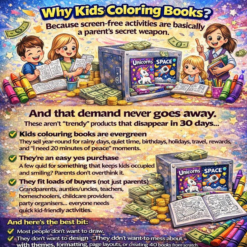 May include: Colorful illustration promoting kids' coloring books. The image features children, crayons, stacks of money, and coloring books with the text "Unicorns SPACE." The text highlights the evergreen demand for coloring books.