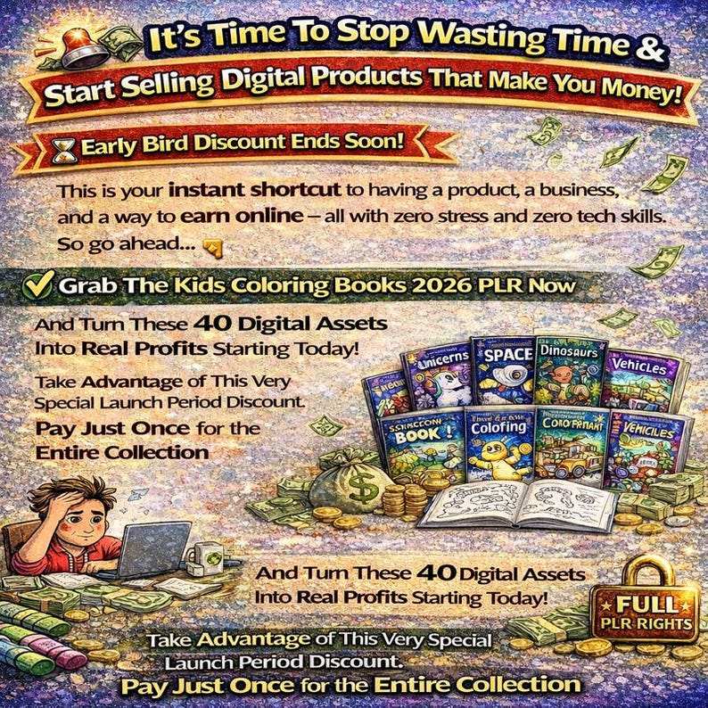 May include: Promotional graphic with text: "It's Time To Stop Wasting Time & Start Selling Digital Products That Make You Money!" and "Early Bird Discount Ends Soon!" Features coloring books, money, and a laptop. The image promotes digital assets.