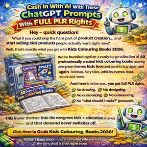 May include: A promotional graphic for "Kids Colouring Books 2026" featuring a safe overflowing with cash and coloring books. The text highlights the benefits of the product, including full PLR rights and ready-to-go content. Two robot characters are also present.