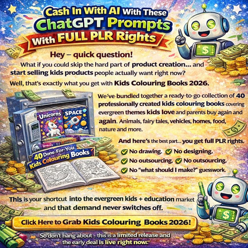 May include: A promotional graphic for "Kids Colouring Books 2026" featuring a safe overflowing with cash and coloring books. The text highlights the benefits of the product, including full PLR rights and ready-to-go content. Two robot characters are also present.