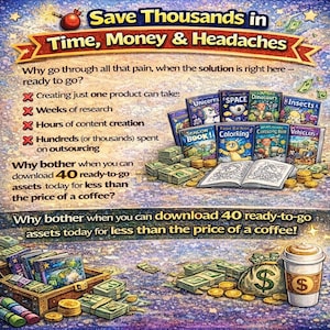 May include: An advertisement with the text "Save Thousands in Time, Money & Headaches." The image features stacks of money, coins, books, and a coffee cup. The text promotes downloading 40 ready-to-go assets for less than the price of a coffee.