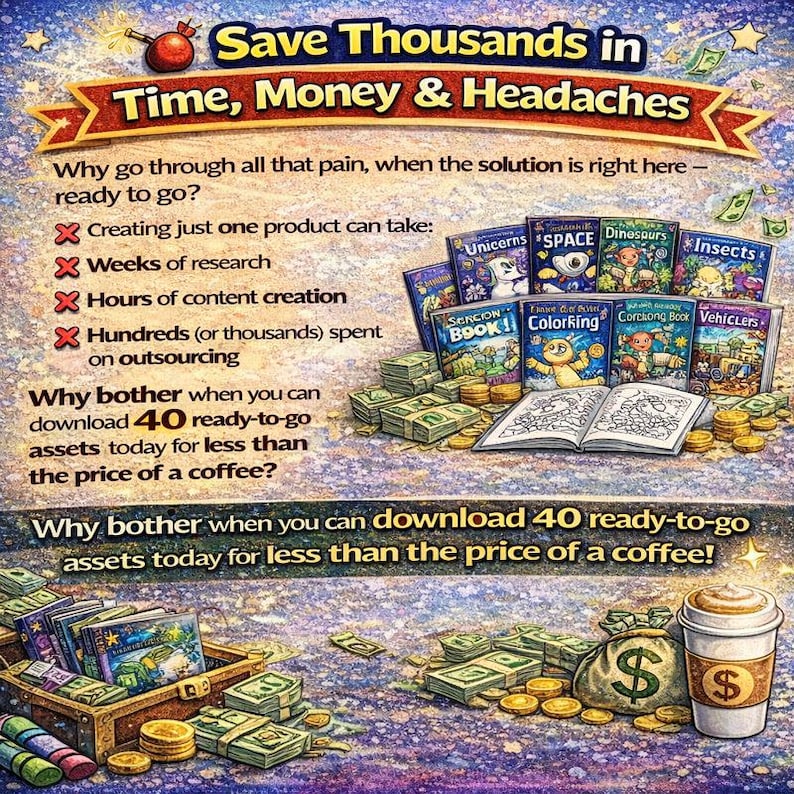 May include: An advertisement with the text "Save Thousands in Time, Money & Headaches." The image features stacks of money, coins, books, and a coffee cup. The text promotes downloading 40 ready-to-go assets for less than the price of a coffee.