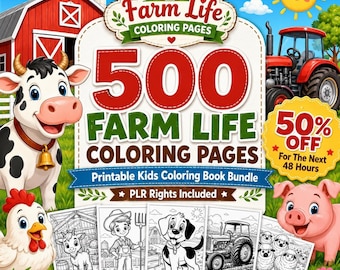 500 Farm Life Coloring Pages, Kids Animals, Tractor, Barn (Digital Download)