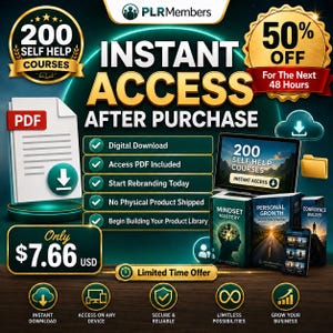 May include: Promotional graphic for 200 self-help courses. The image features the text "Instant Access After Purchase" and "50% Off For The Next 48 Hours." A laptop, books, and a smartphone are also displayed. The price is $7.66 USD.