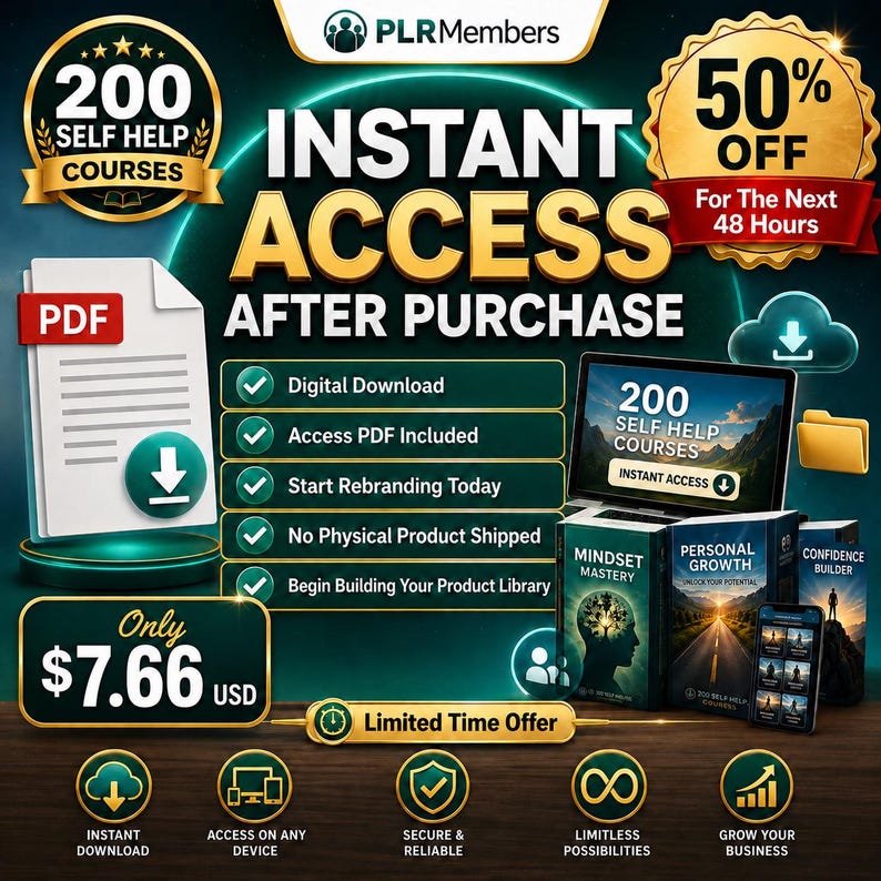 May include: Promotional graphic for 200 self-help courses. The image features the text "Instant Access After Purchase" and "50% Off For The Next 48 Hours." A laptop, books, and a smartphone are also displayed. The price is $7.66 USD.