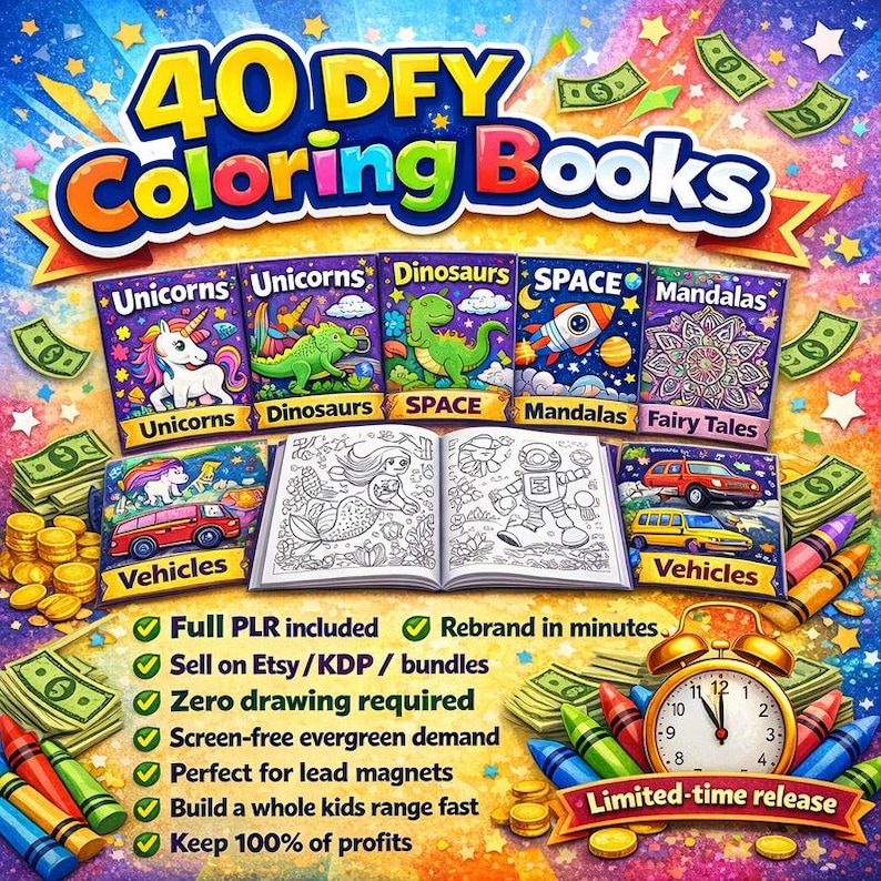 May include: A promotional image for 40 DFY Coloring Books, featuring covers with unicorns, dinosaurs, space, mandalas, and vehicles. The image includes open coloring books, stacks of cash, crayons, and an alarm clock with the text "Limited-time release."