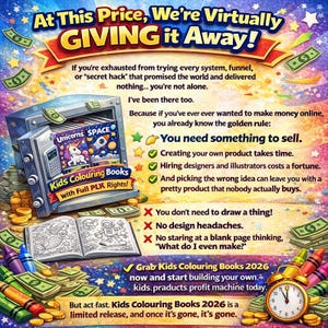 May include: Colorful advertisement with text: "At This Price, We're Virtually Giving it Away!" featuring a safe with coloring books, money, and an open coloring book. The text promotes kids coloring books with full PLK rights.