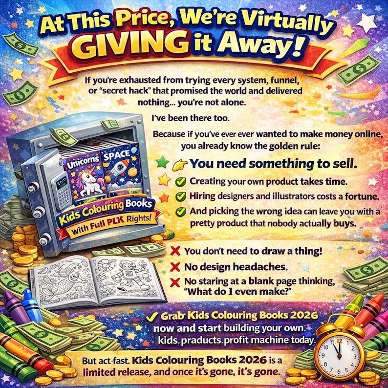 May include: Colorful advertisement with text: "At This Price, We're Virtually Giving it Away!" featuring a safe with coloring books, money, and an open coloring book. The text promotes kids coloring books with full PLK rights.