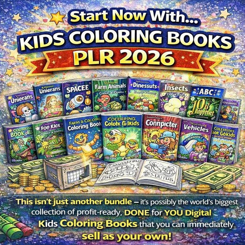 May include: A collection of colorful kids' coloring books with various themes, including animals, insects, and vehicles. The image features stacks of cash, coins, and the text "KIDS COLORING BOOKS PLR 2026."