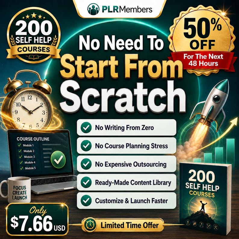 May include: Promotional graphic with the text "No Need To Start From Scratch" and "200 Self Help Courses." Includes a laptop, alarm clock, and a rocket ship launching. The graphic also states "50% Off For The Next 48 Hours."