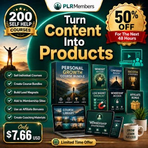 May include: Promotional graphic for online courses. The image features the text "Turn Content Into Products" and "200 Self Help Courses." It showcases a course bundle, digital products, and a laptop with the text "Course Library."