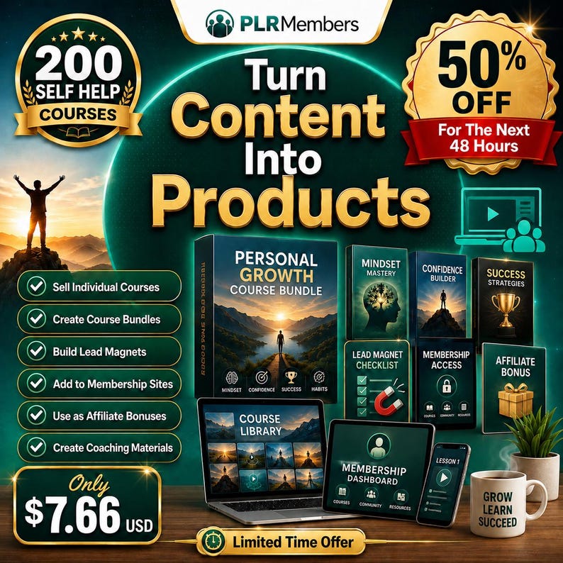May include: Promotional graphic for online courses. The image features the text "Turn Content Into Products" and "200 Self Help Courses." It showcases a course bundle, digital products, and a laptop with the text "Course Library."