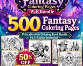 500 Fantasy Coloring Pages PLR Bundle for Kids, Printable JPG Coloring Book Pages with Commercial Use Rights