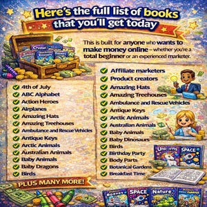May include: Colorful graphic promoting books on various topics, including 'Amazing Hats' and 'Baby Dinosaurs.' The image features a treasure chest, stacks of money, and cartoon illustrations, with text that reads 'Here's the full list of books that you'll get today.'