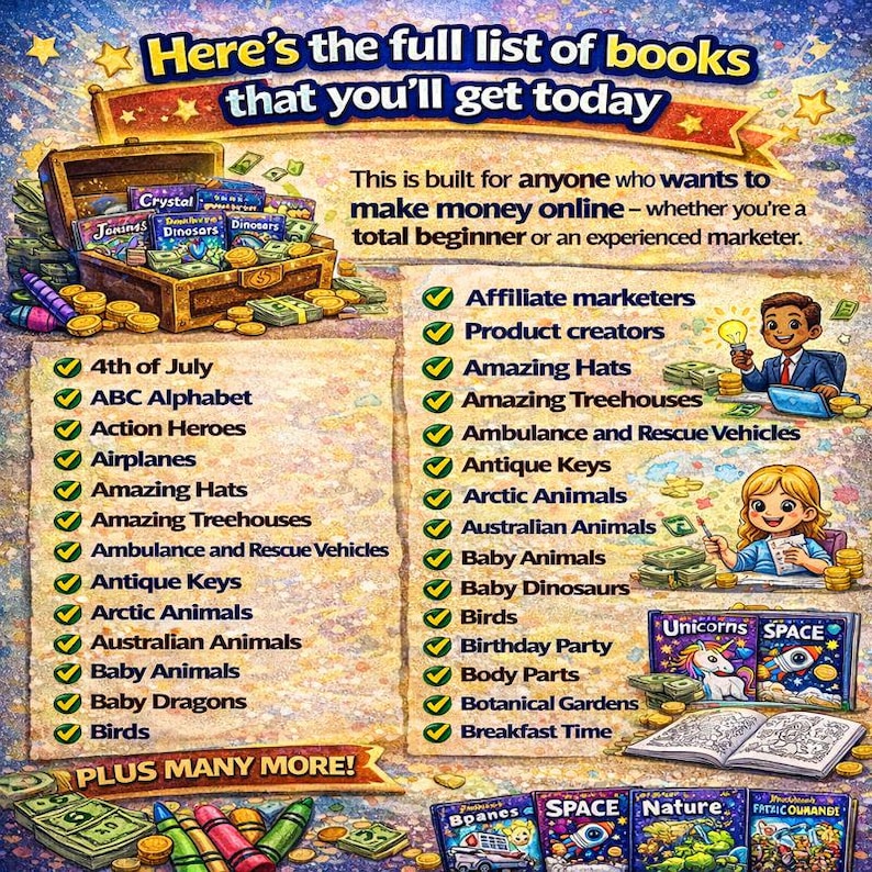 May include: Colorful graphic promoting books on various topics, including 'Amazing Hats' and 'Baby Dinosaurs.' The image features a treasure chest, stacks of money, and cartoon illustrations, with text that reads 'Here's the full list of books that you'll get today.'